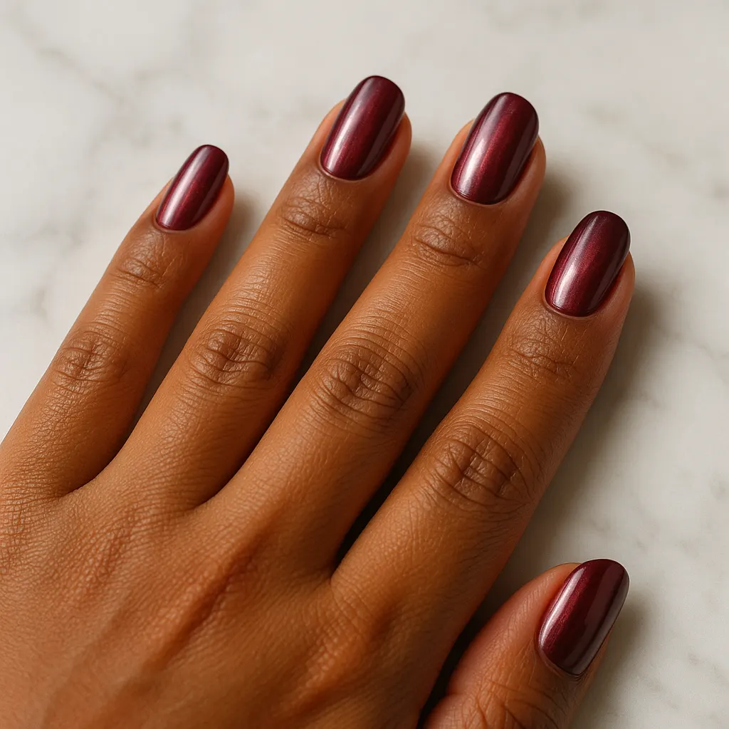 Medium squoval nails in maroon with a pearly chrome glaze, on morena skin resting on white marble.