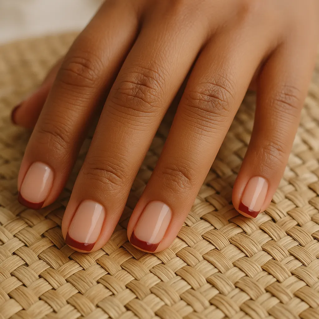 Short square nails with a sheer nude base and thin maroon French tips, on medium brown skin over a woven placemat.