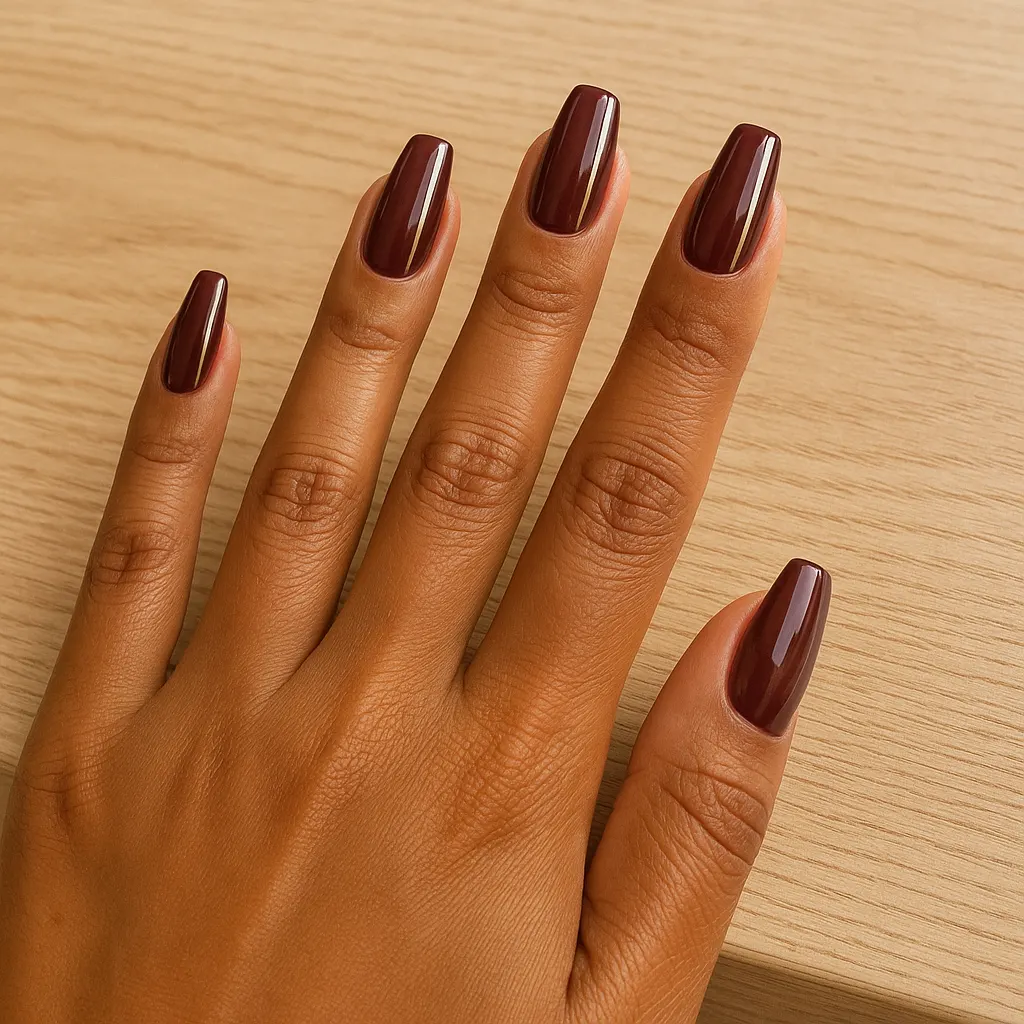 Long coffin nails in glossy maroon with one thin gold stripe down each nail, on warm tan skin resting on a light wooden table.