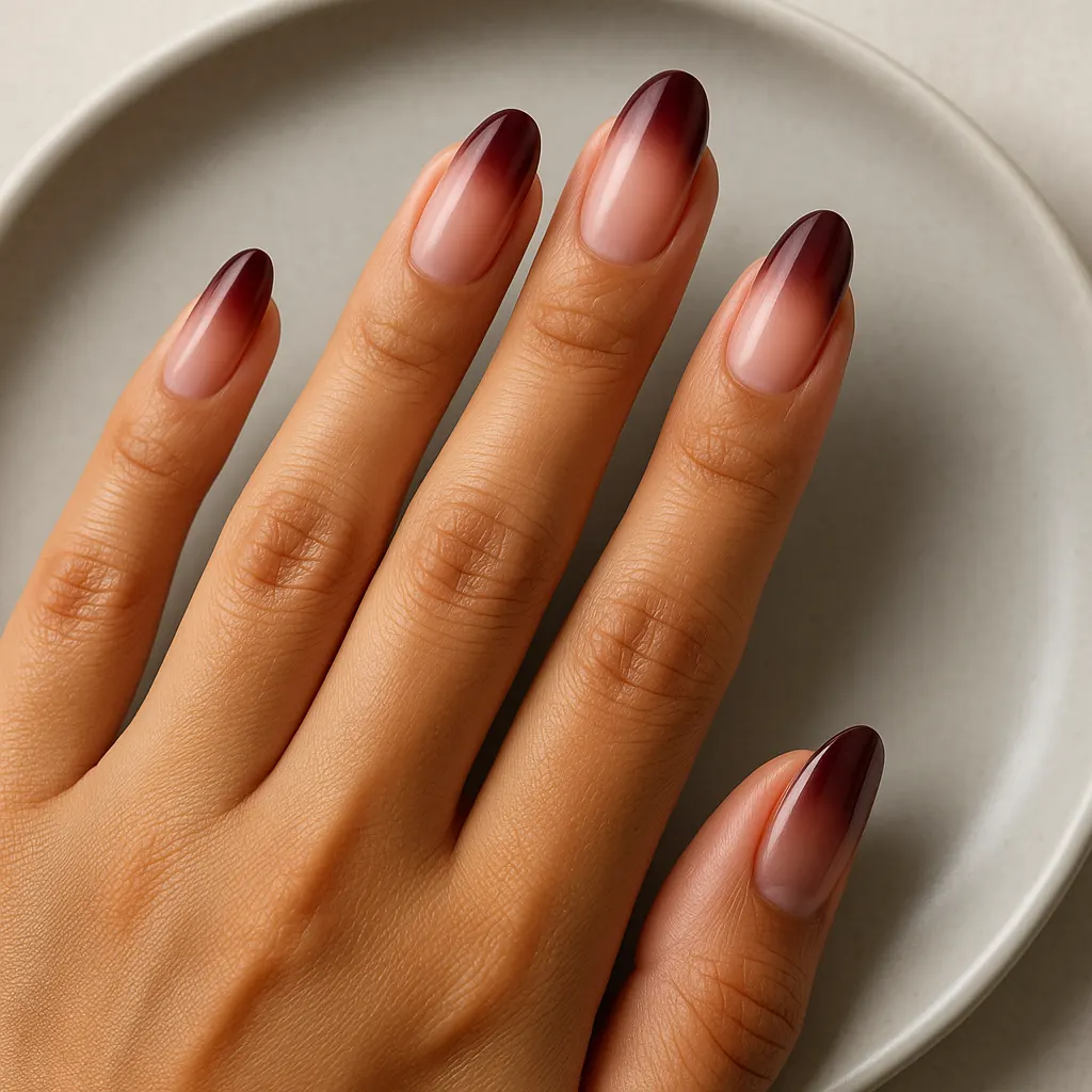 Medium almond nails fading from a sheer pink nude at the cuticle to deep maroon at the tip, on light tan skin over a pale ceramic plate.