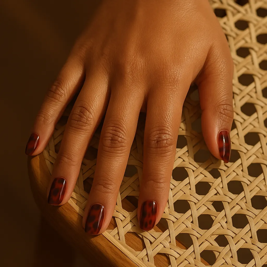Short squoval nails in a glossy maroon tortoiseshell pattern with darker brown spots, on warm tan skin resting on a rattan chair.