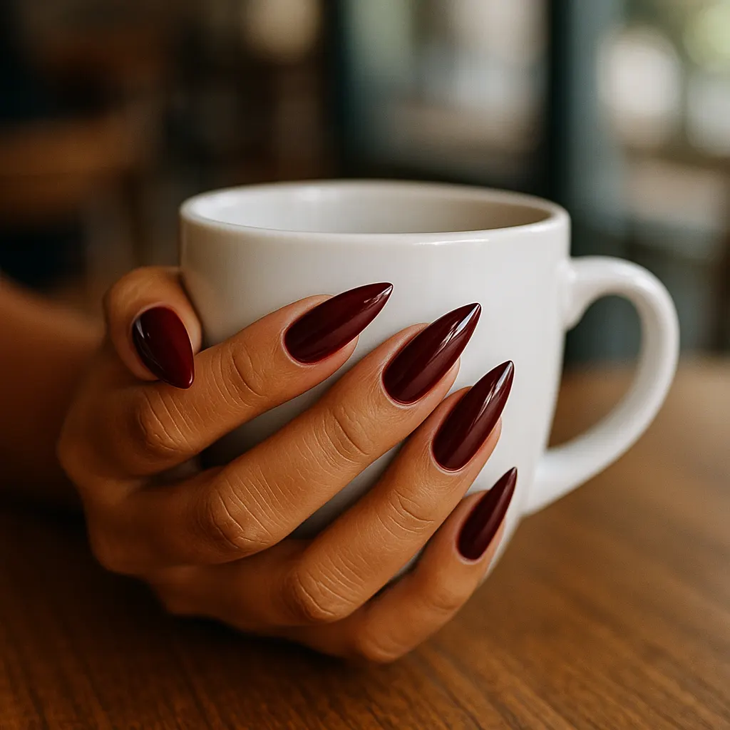 Long stiletto nails in high gloss deep maroon, on warm tan skin wrapped around a white coffee mug on a wooden cafe table.