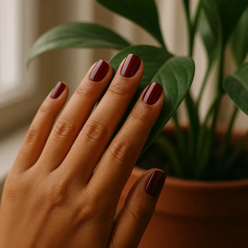 Short squoval nails in a glossy wine red, on warm tan skin touching the green leaf of a potted plant.