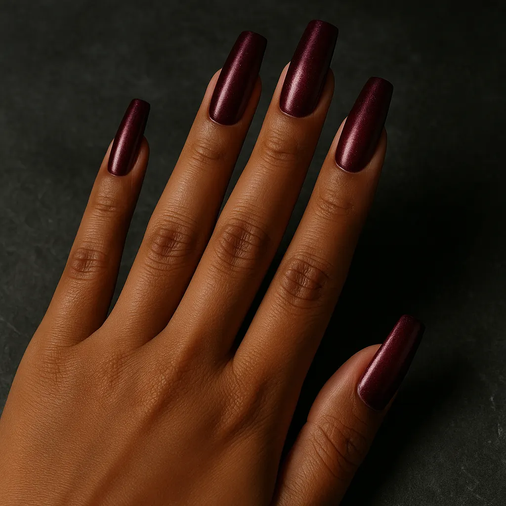 Long coffin nails in a burgundy velvet cat eye finish with a soft shimmer, on warm tan skin resting on dark grey stone.