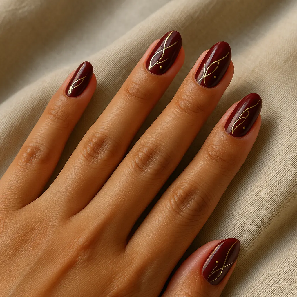 Medium almond nails in glossy deep maroon with thin flowing gold curves and small gold dots, on light tan skin resting on beige linen.