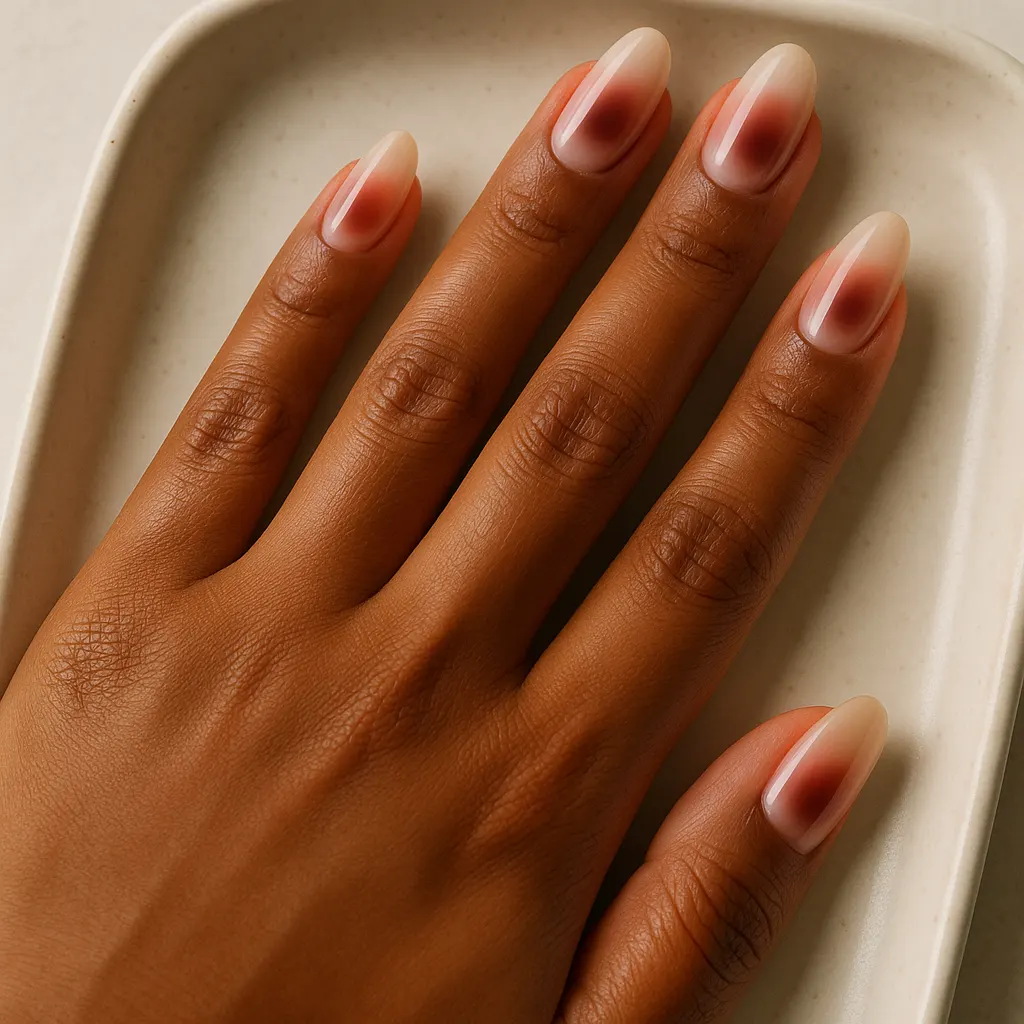 Medium almond nails in a milky pink nude with a soft blurred maroon glow in the center of each nail, on morena skin resting on a cream ceramic tray.