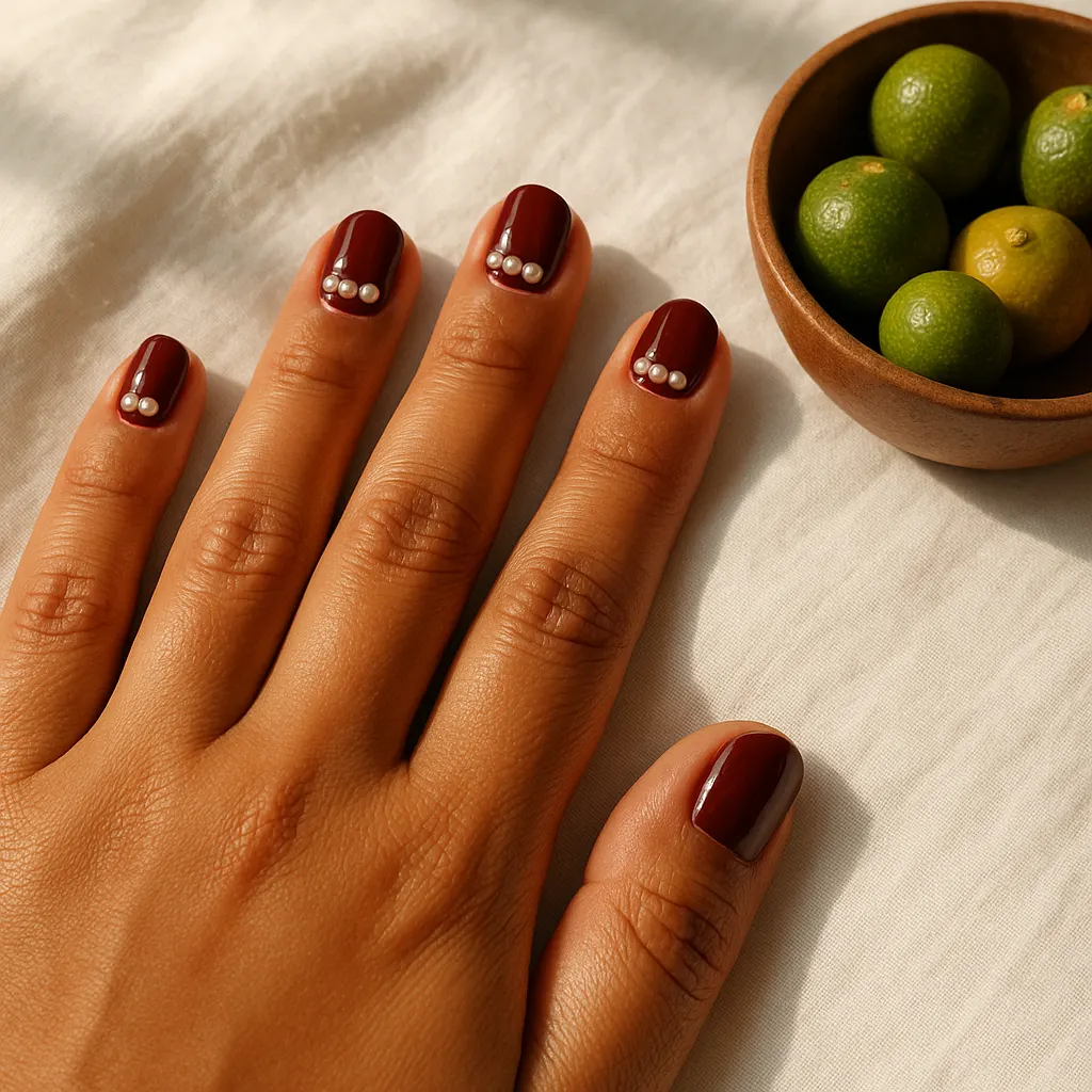 Short round nails in glossy deep maroon with a small row of white pearl beads near the cuticle on each finger and a plain maroon thumb, on warm tan skin on white linen beside a bowl of calamansi.