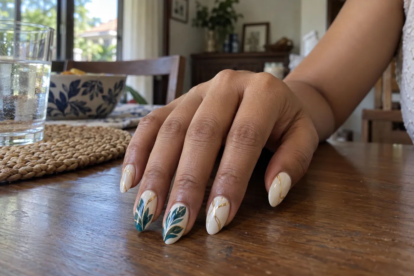 A finished set of hand-painted nail art, cream nails with two painted in teal and gold leaves.