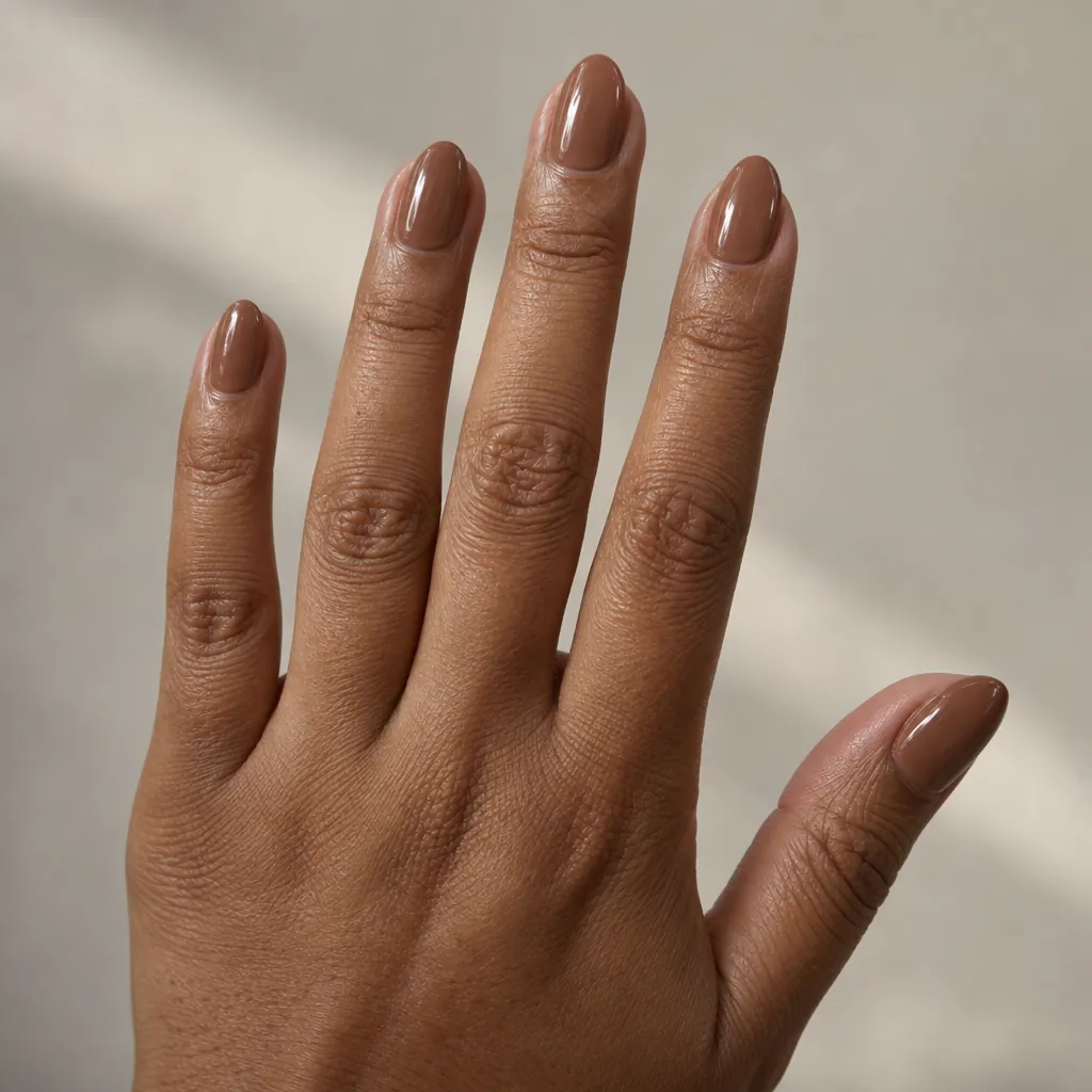 Short almond nails in a deep mocha nude on warm brown skin, a shade deeper than the fingertip.