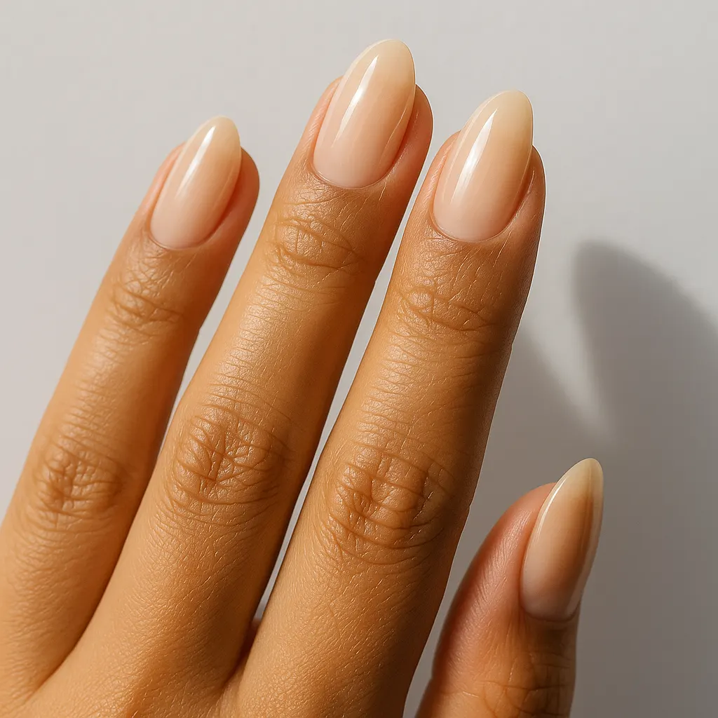 Medium almond nails in a translucent milky nude on warm tan skin against a light grey background.