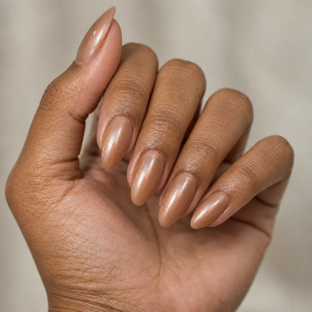 Medium almond nails in a caramel nude with a pearl sheen, on medium brown skin.