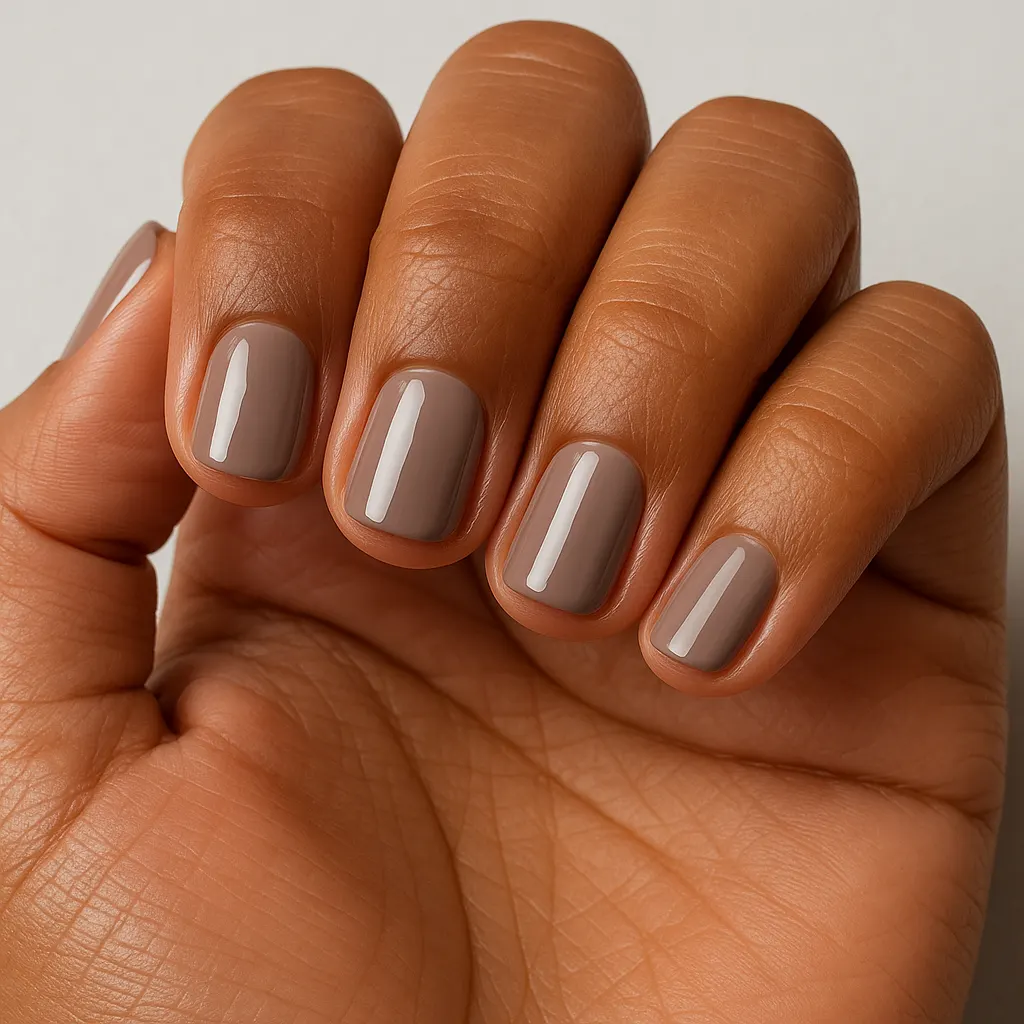 Short squoval nails in a cool taupe nude on kayumanggi skin against a light grey background.