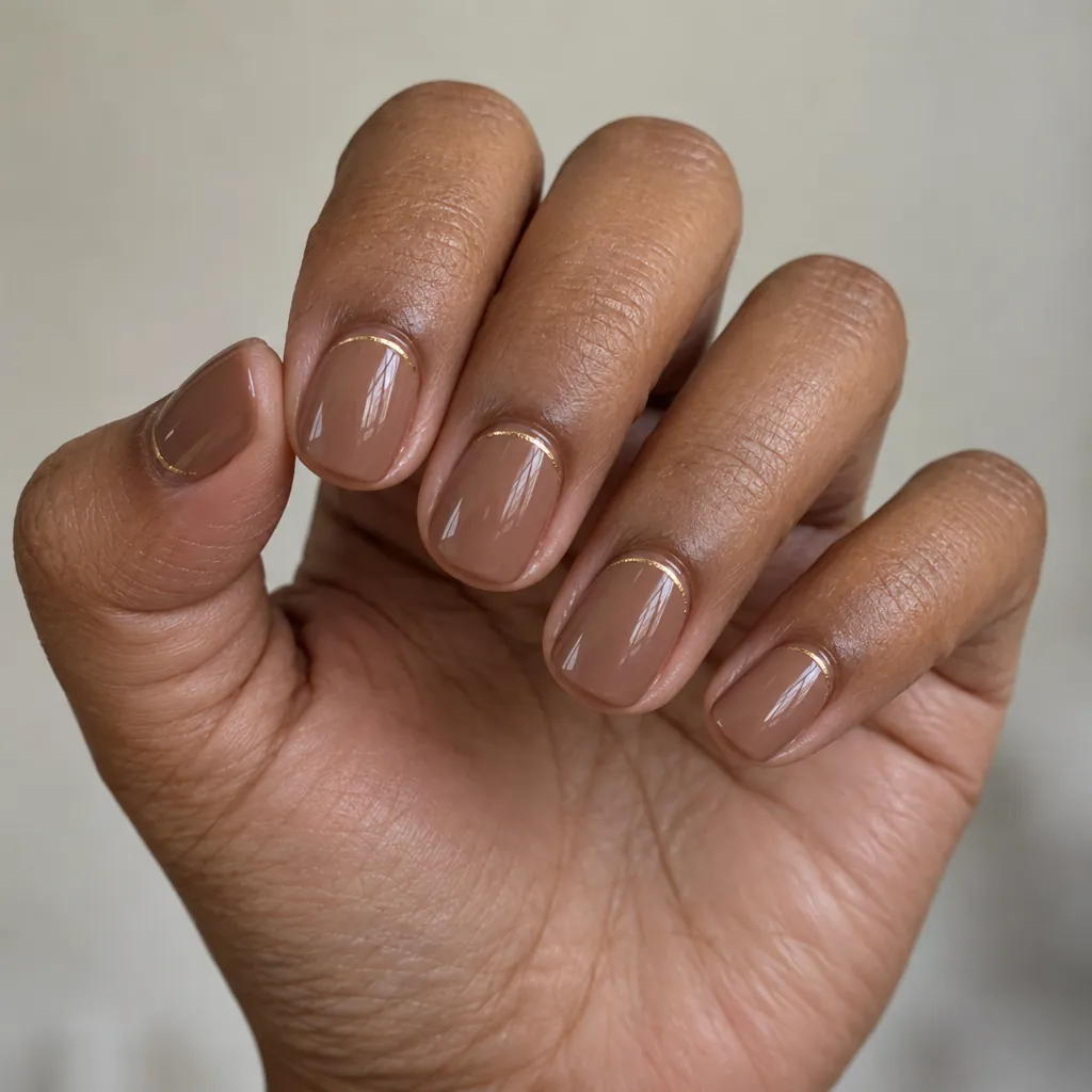 Short round nails in a deep nude with a fine gold line at the cuticle, on warm brown skin.