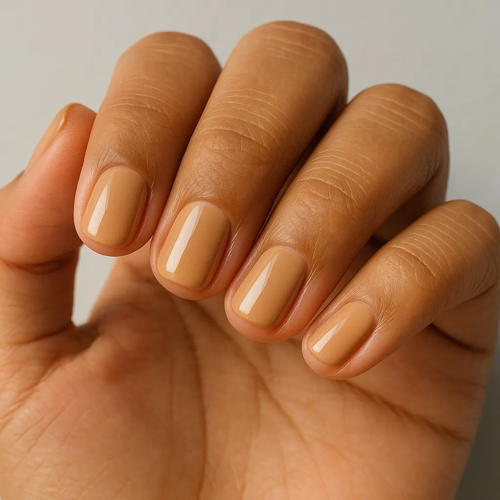 Short squoval nails in a warm sand nude on warm tan skin against a light grey background.