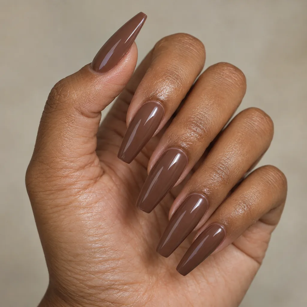 Long coffin nails in a deep chestnut nude on warm brown skin.