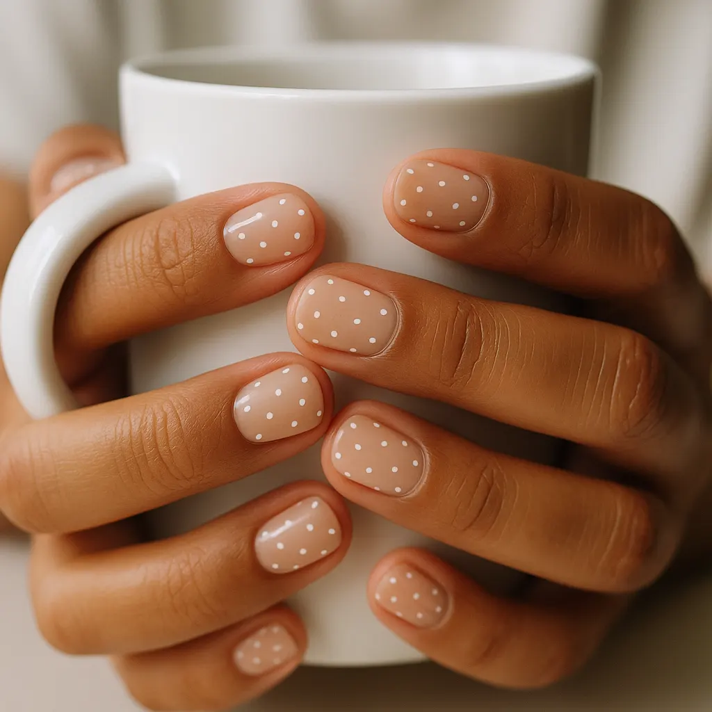 Short round nails in soft beige nude with tiny white polka dots on medium brown skin, the fingers wrapped around a white mug.