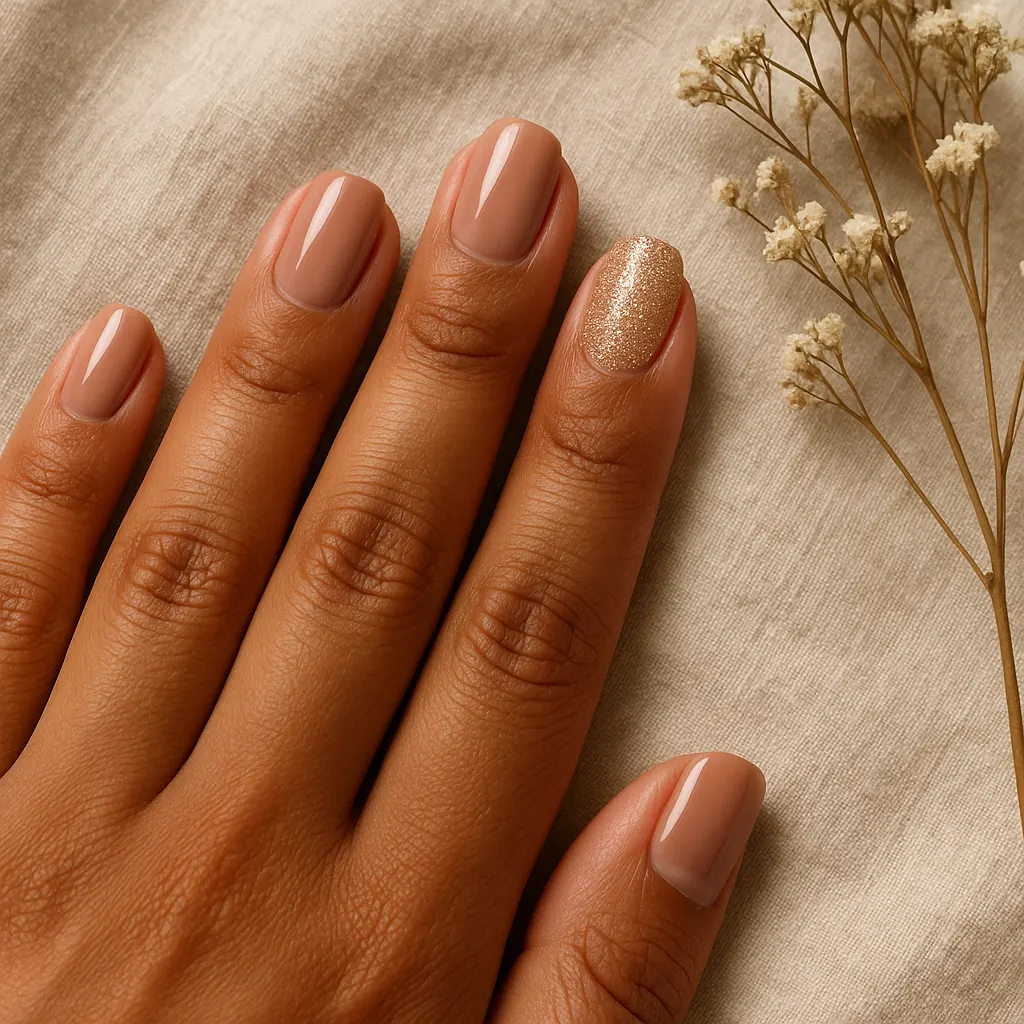 Medium squoval nails in glossy rosy beige nude with one champagne gold glitter accent nail, on morena skin over beige linen.