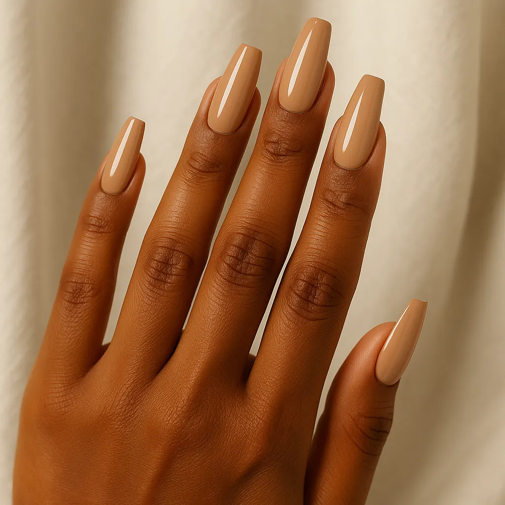 Long coffin nails in glossy warm latte beige nude on kayumanggi skin against a cream fabric backdrop.