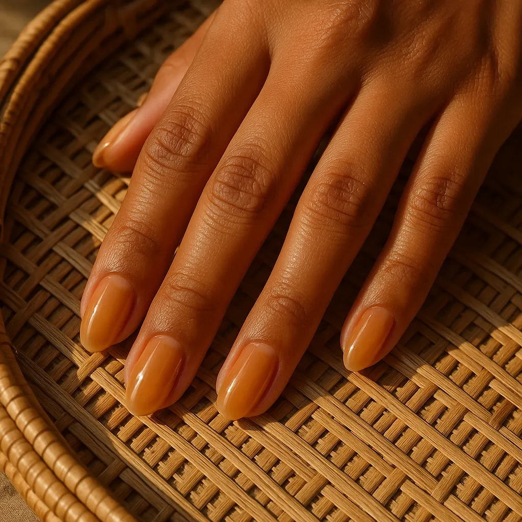 Medium round nails in a glossy translucent honey beige nude on warm tan skin, resting on a woven rattan tray.