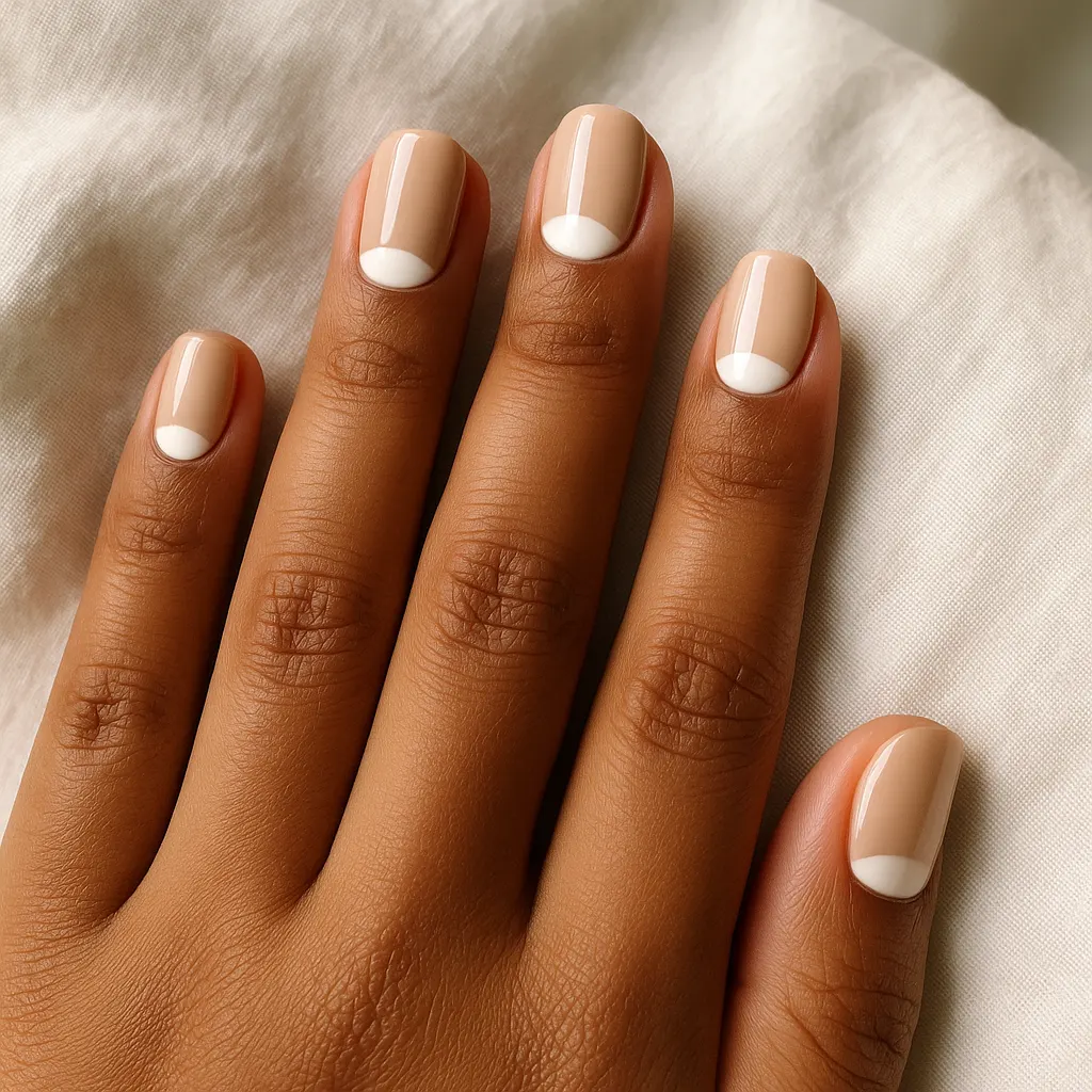 Short squoval nails in milky beige nude with a bright white half-moon at the base of each nail, on morena skin over white linen.