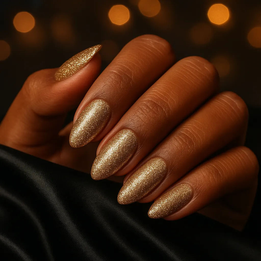 Medium almond nails fully covered in fine gold glitter, on morena skin against black satin and party lights.