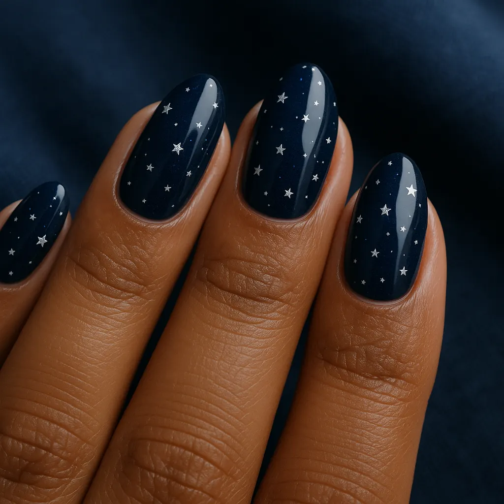 Medium almond nails in glossy midnight navy scattered with tiny silver stars, on medium brown skin against dark blue linen.