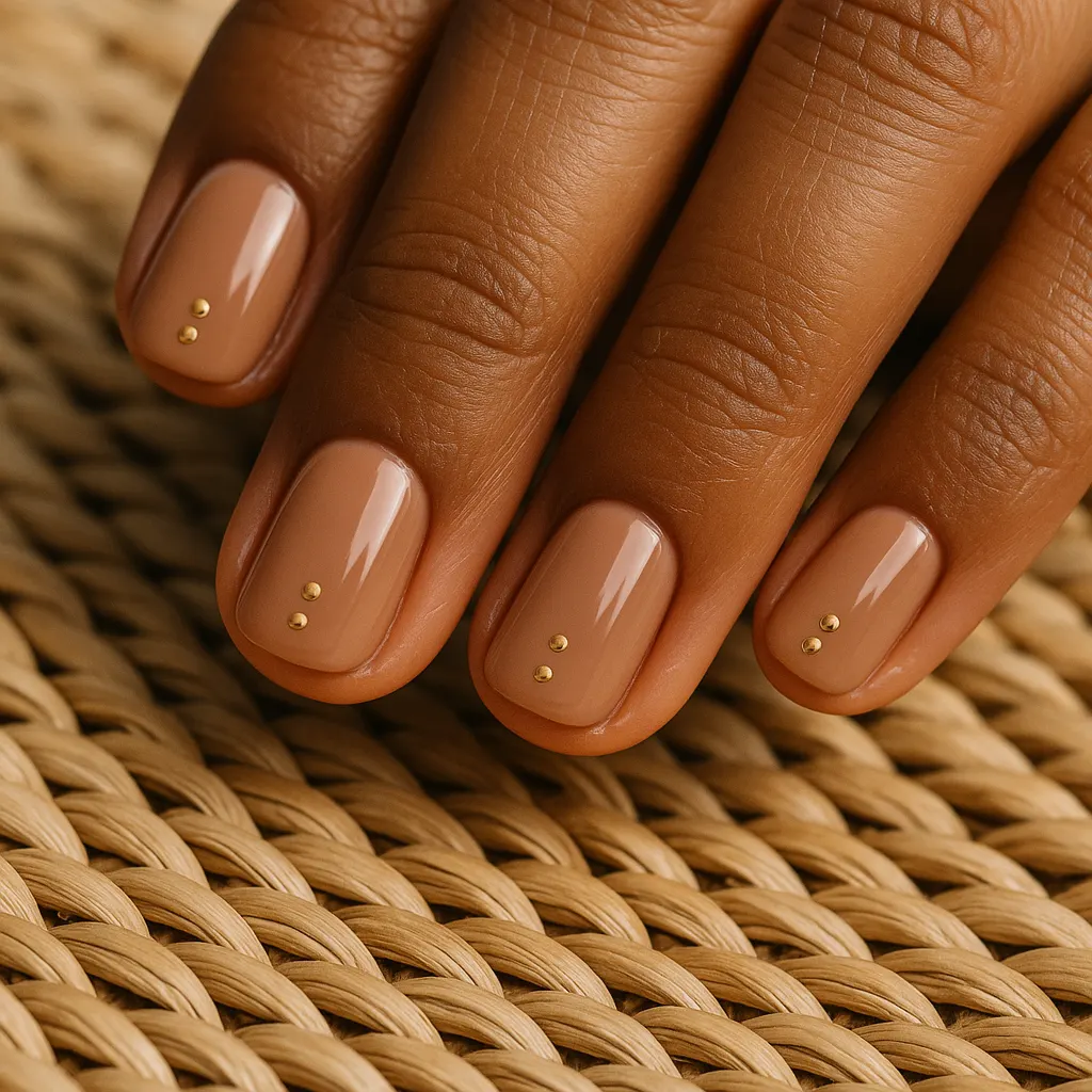 Short squoval nails in glossy warm nude with a few tiny gold dots near the cuticle, on kayumanggi skin over rattan.