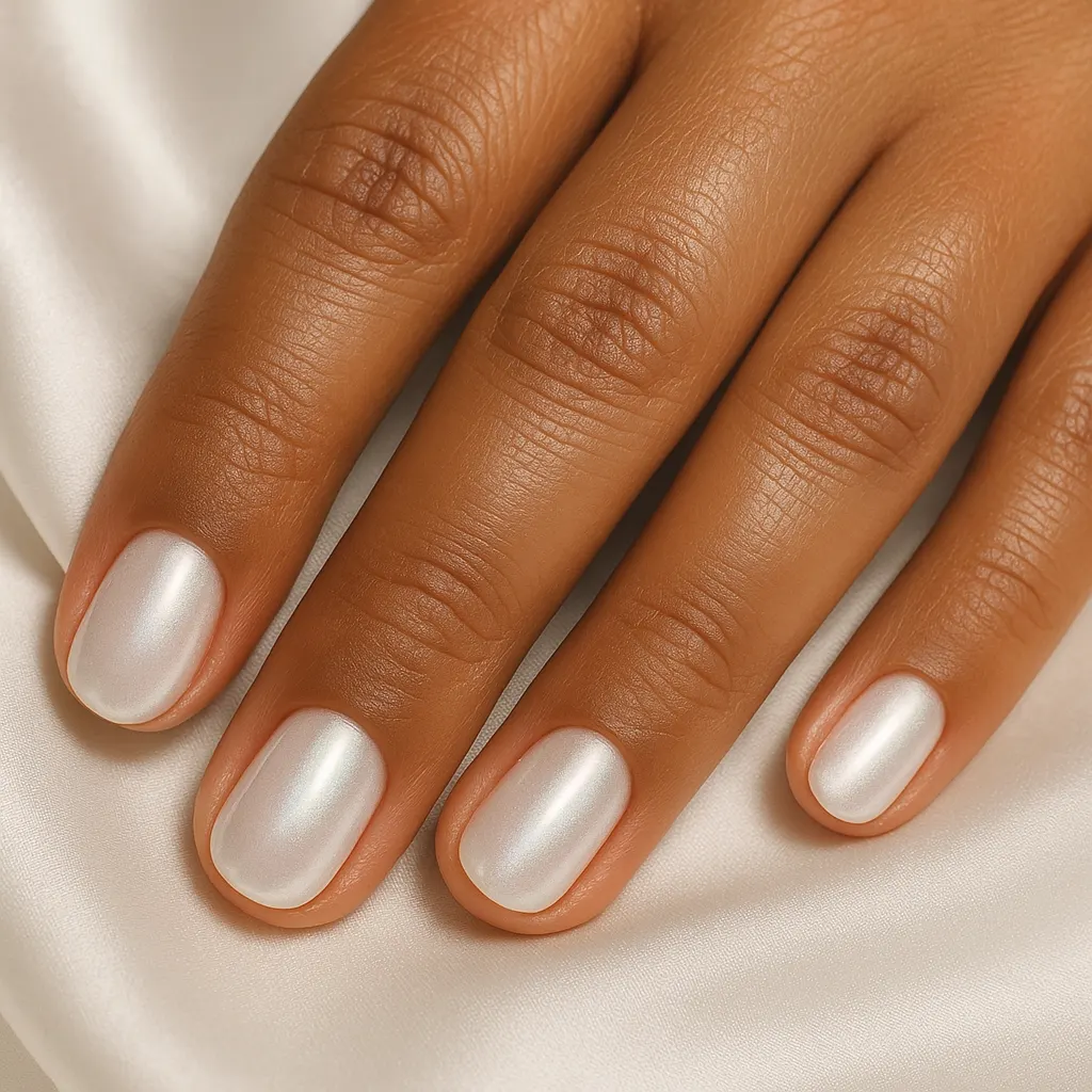Short round nails in pearl white chrome, on morena skin against white satin.