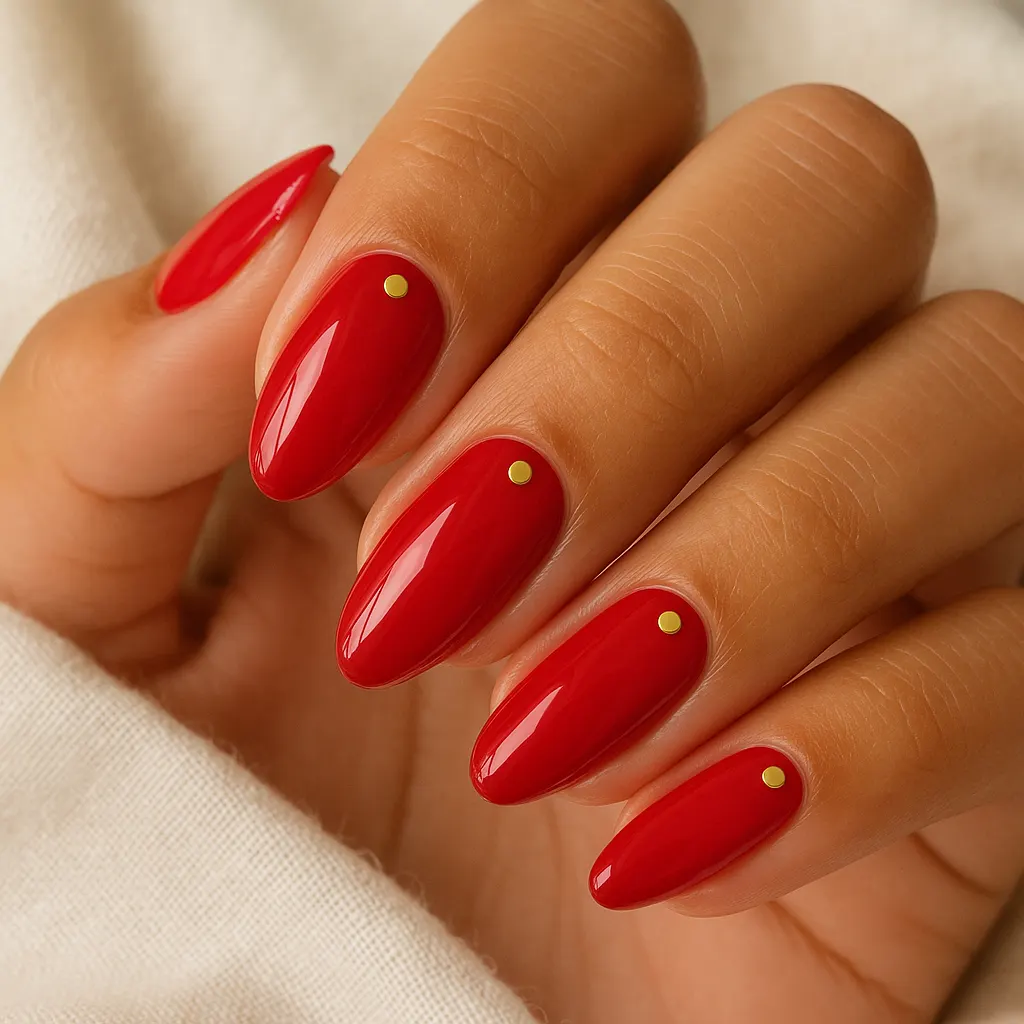 Medium almond nails in glossy red with one small gold dot near each cuticle, on light mestiza skin against cream linen.