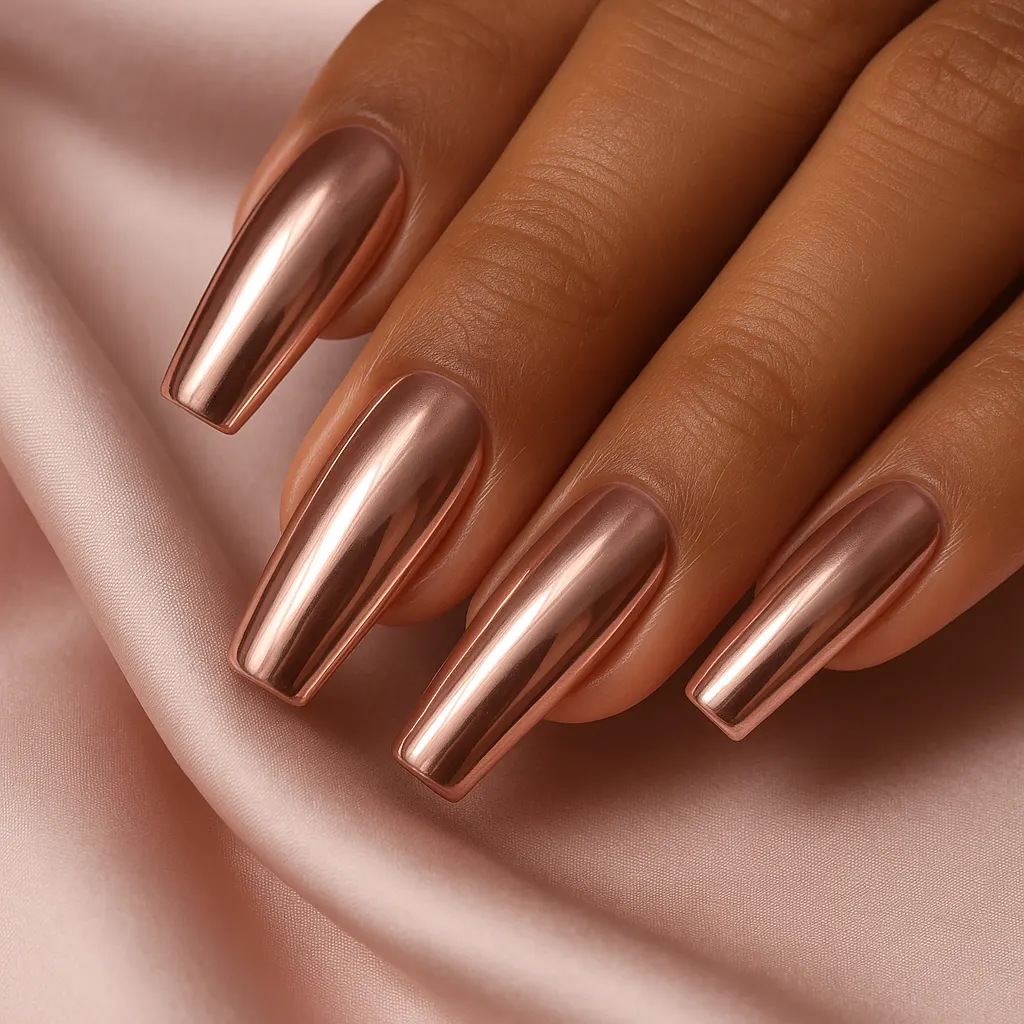 Medium coffin nails in mirror rose gold chrome, on warm tan skin against blush silk.