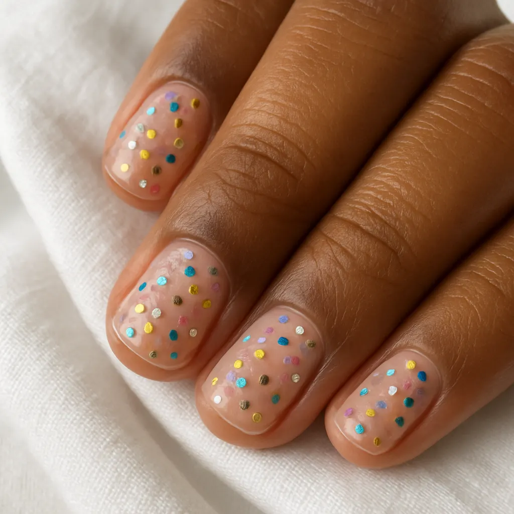 Short square nails, a clear base filled with round confetti dots in gold, pink, blue and silver, on kayumanggi skin.