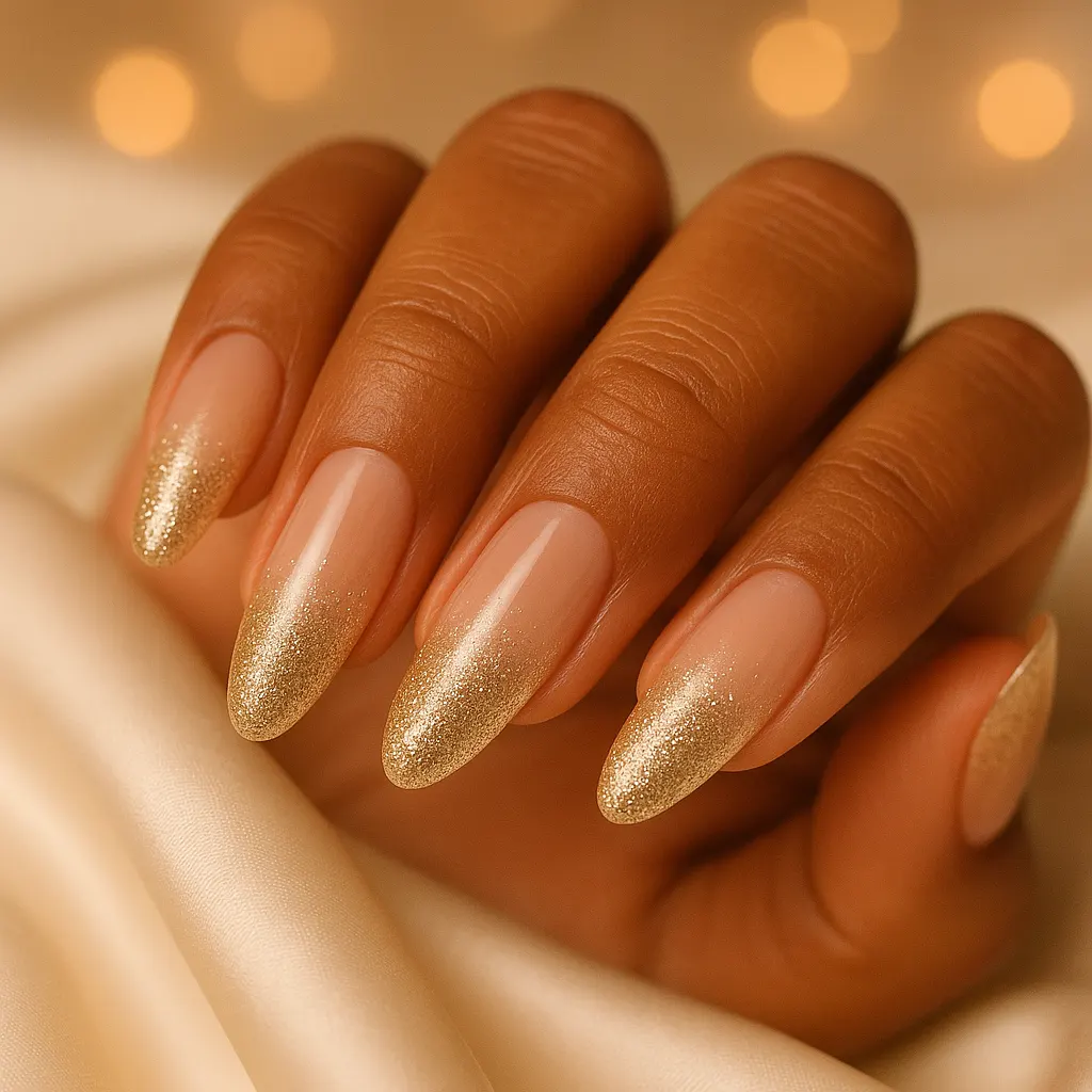 Long almond nails fading from sheer nude to champagne gold glitter at the tips, on morena skin against cream satin.