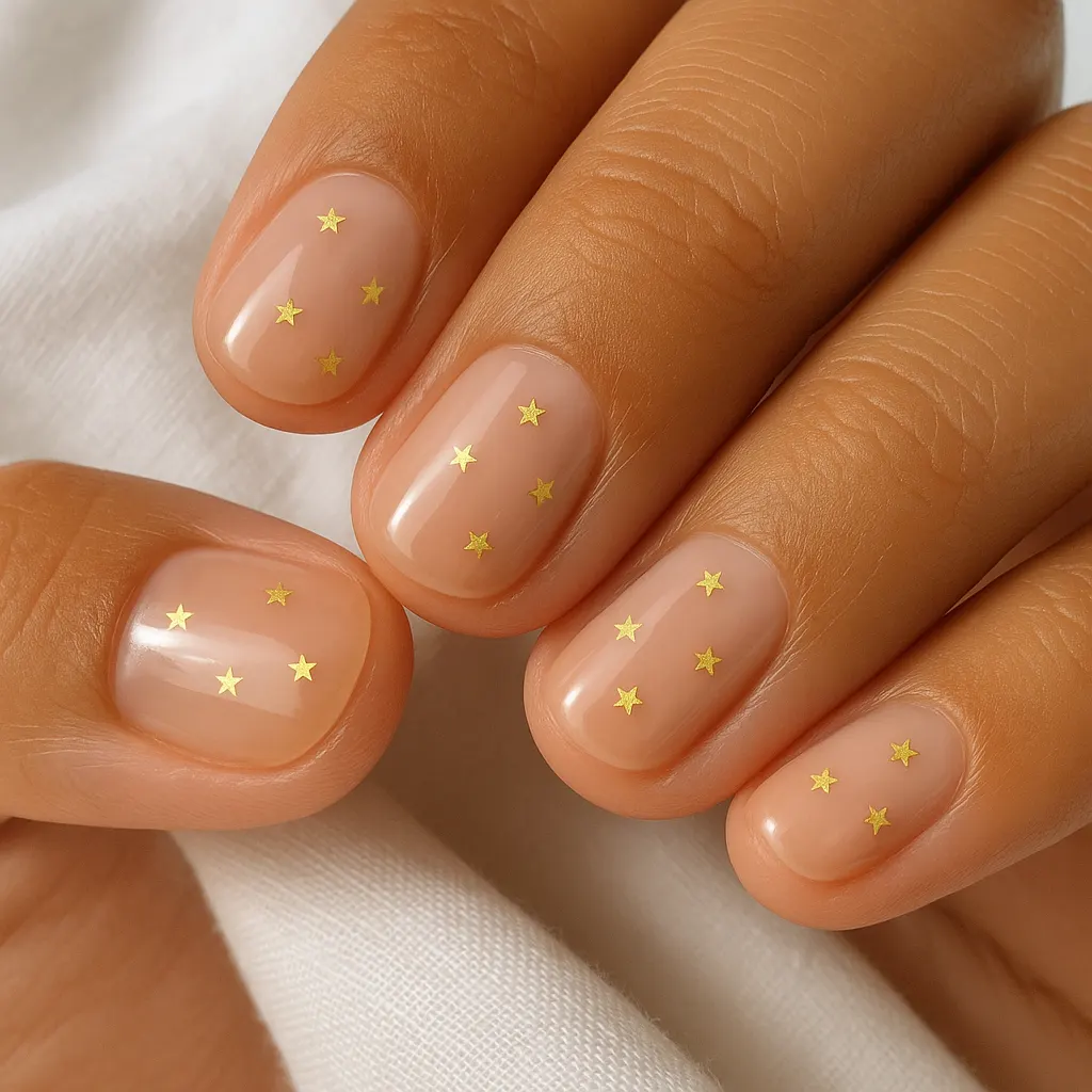 Short round nails in sheer nude with a few tiny gold stars on each nail, on light mestiza skin against white linen.