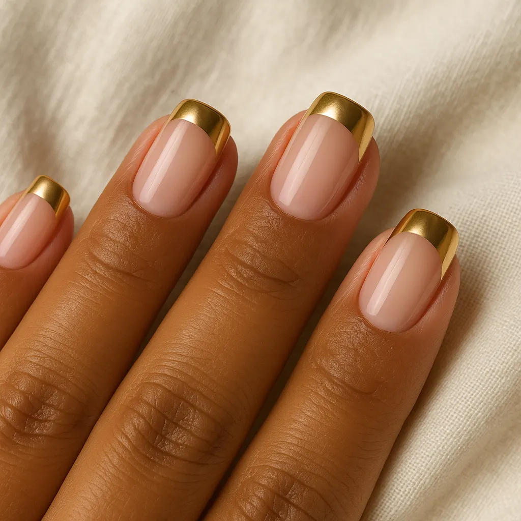 Medium squoval nails with a sheer pink base and mirror gold chrome tips, on warm tan skin against cream linen.