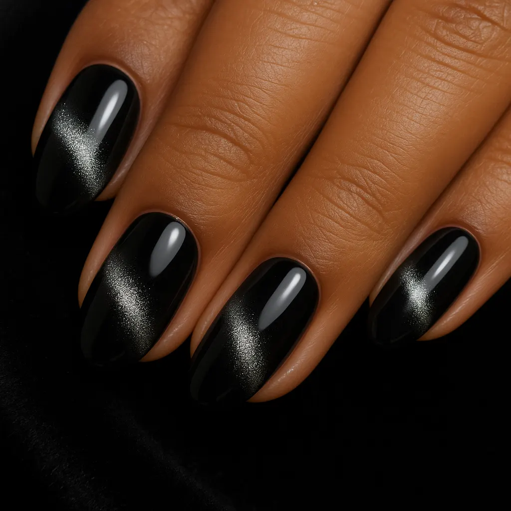 Medium oval nails in black cat eye gel with a silver band of light across each, on warm tan skin against black velvet.