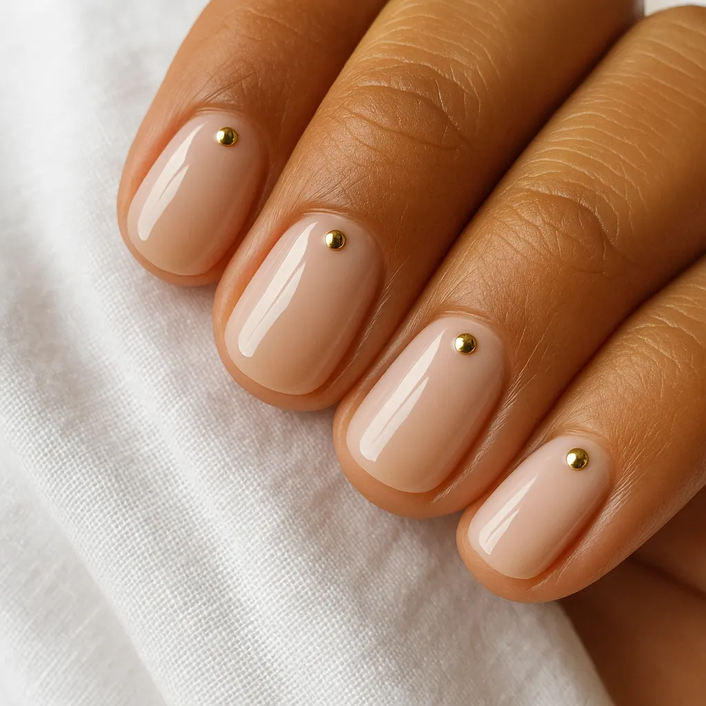 Short round nails in milky nude with one small gold stud near each cuticle, on warm tan skin against white linen.