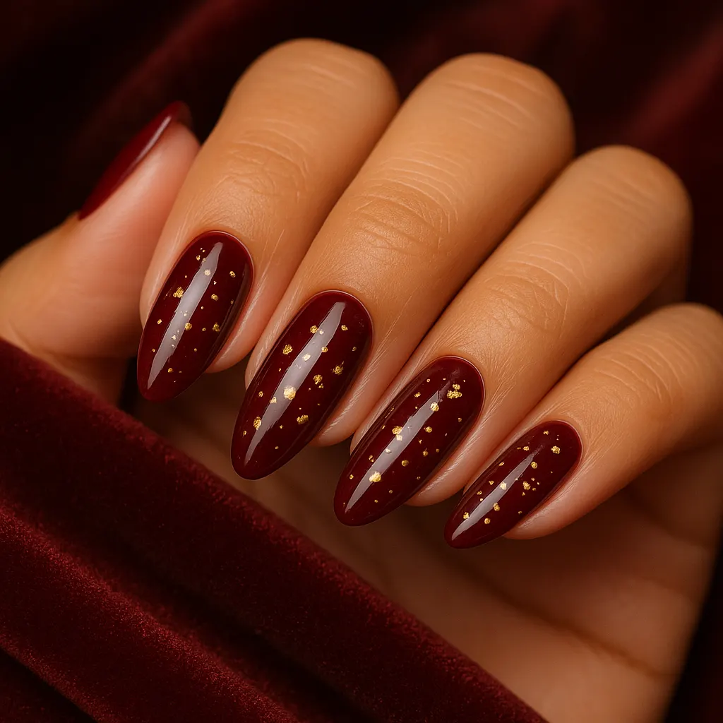 Medium almond nails in glossy deep wine with scattered gold flakes, on light mestiza skin against red velvet.