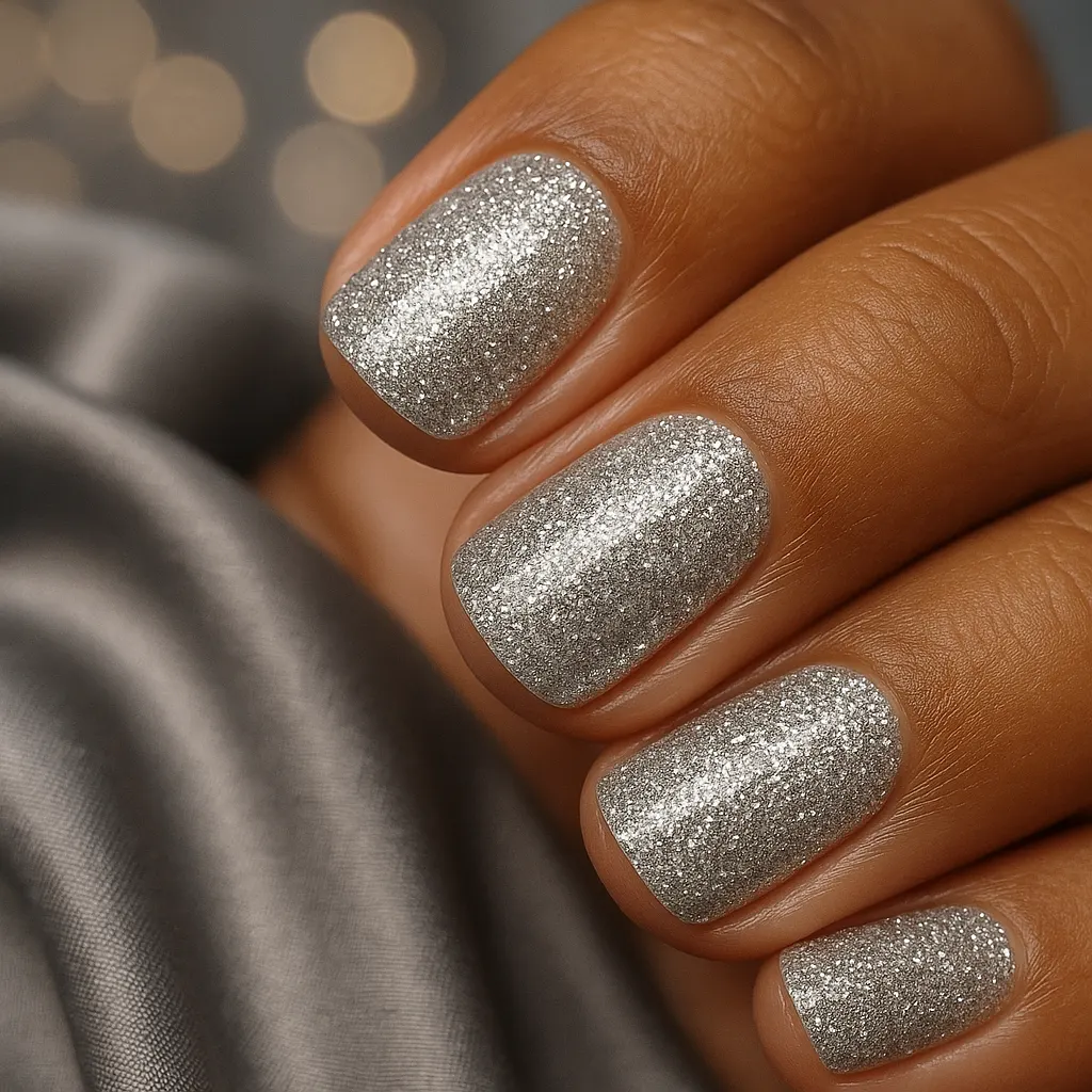 Short squoval nails fully covered in silver glitter, on kayumanggi skin against grey satin.