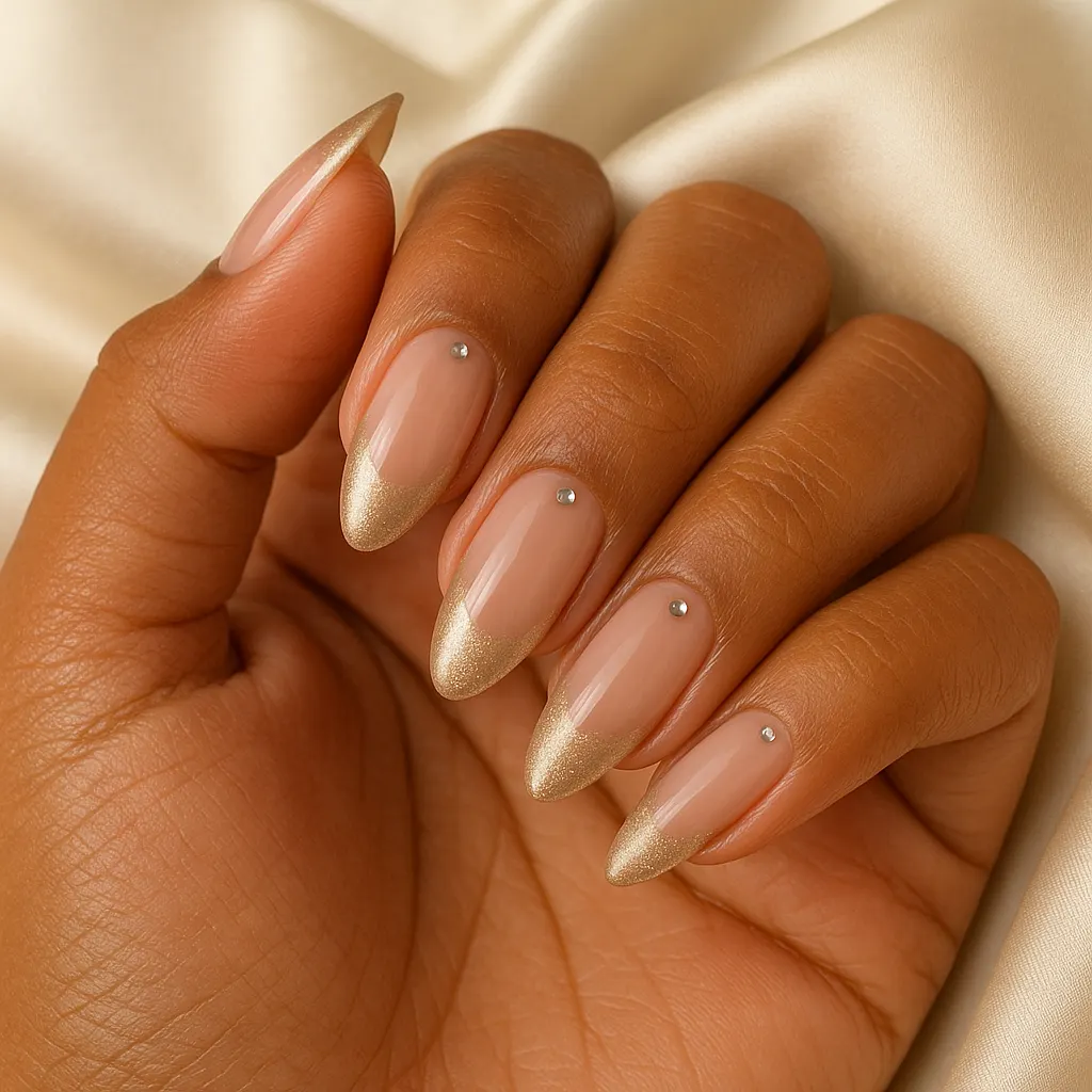 Medium almond nails with a sheer nude base, champagne shimmer tips and a tiny crystal near each cuticle, on morena skin.
