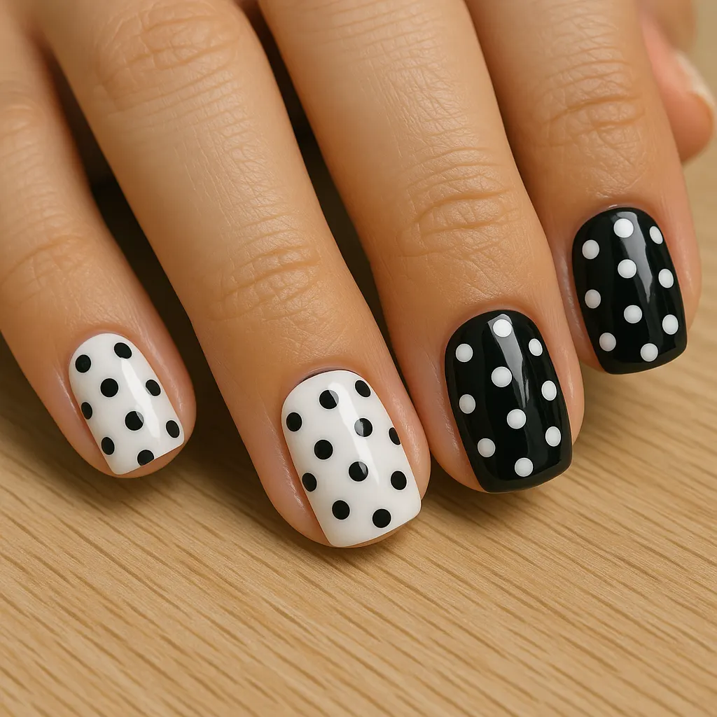 Short square nails alternating white with black dots and black with white dots, on light mestiza skin over light oak.