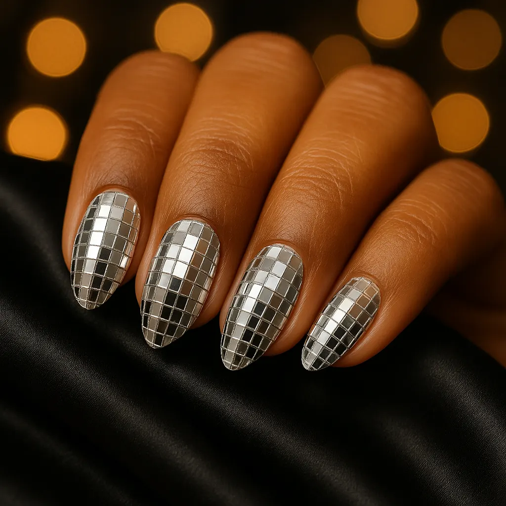 Medium almond nails covered in tiny silver mirror tiles like a disco ball, on kayumanggi skin against party lights.