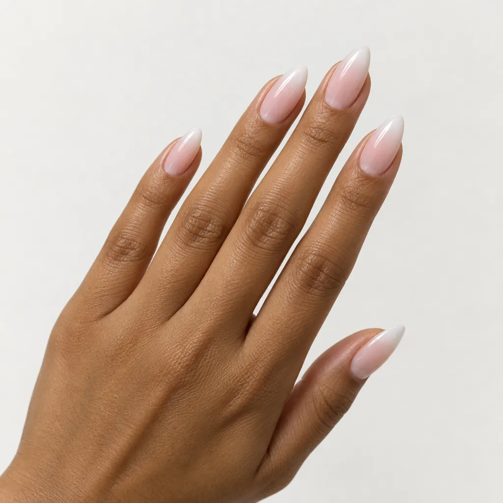 Long almond nails fading from a sheer pink at the cuticle to a soft white at the tip, on warm brown skin.