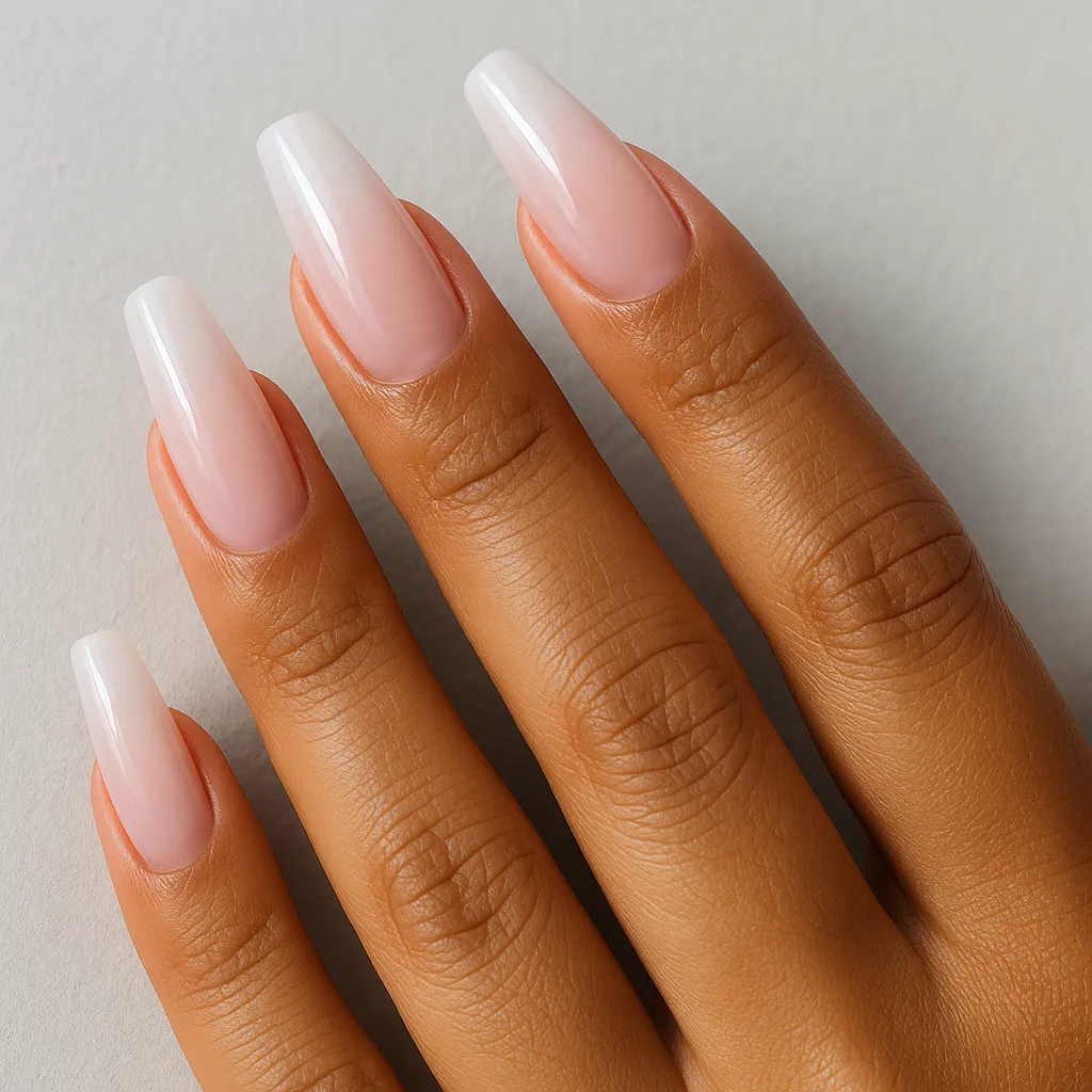 Long coffin nails in a soft baby pink melting into a milky white tip, on morena skin against a light grey background.