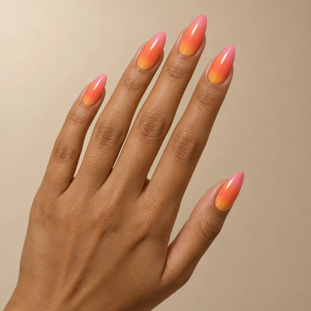 Long almond nails running from a golden orange at the cuticle through coral to pink at the tip, on warm brown skin.