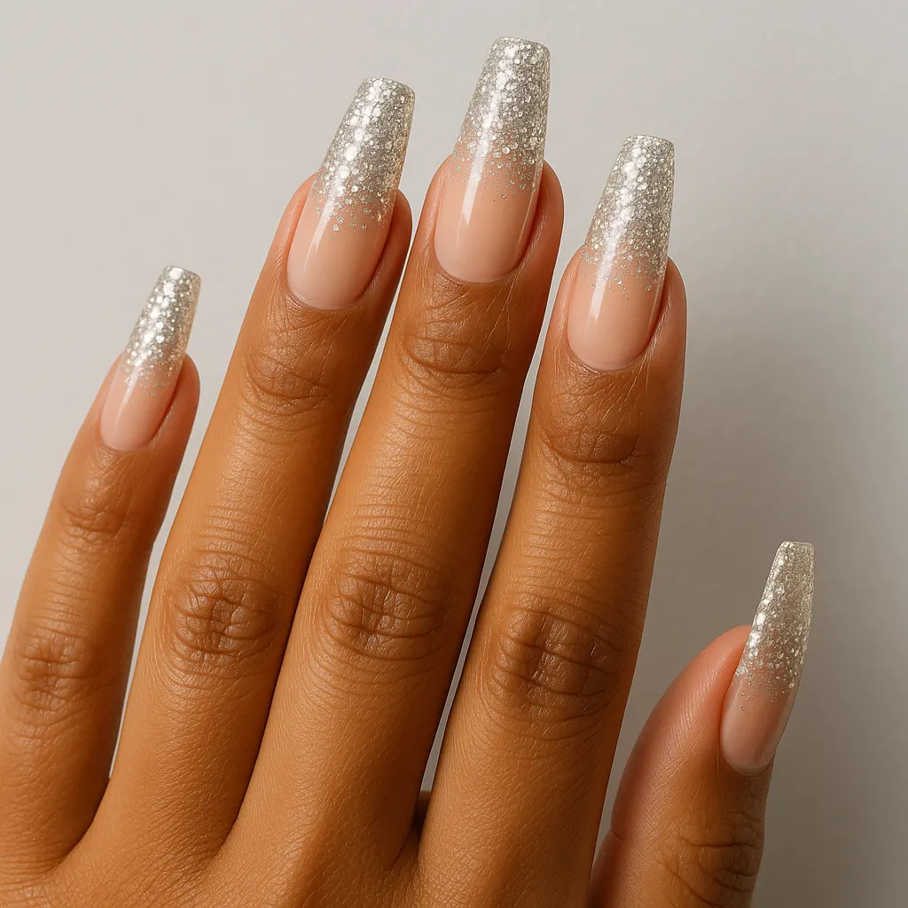 Long coffin nails with a bare nude base and silver glitter building to solid sparkle at the tip, on morena skin against a light grey background.