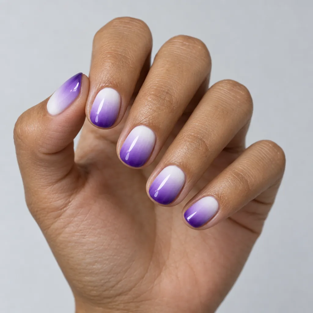 Short round nails, white at the cuticle deepening to a saturated purple across the tip, on tan skin.