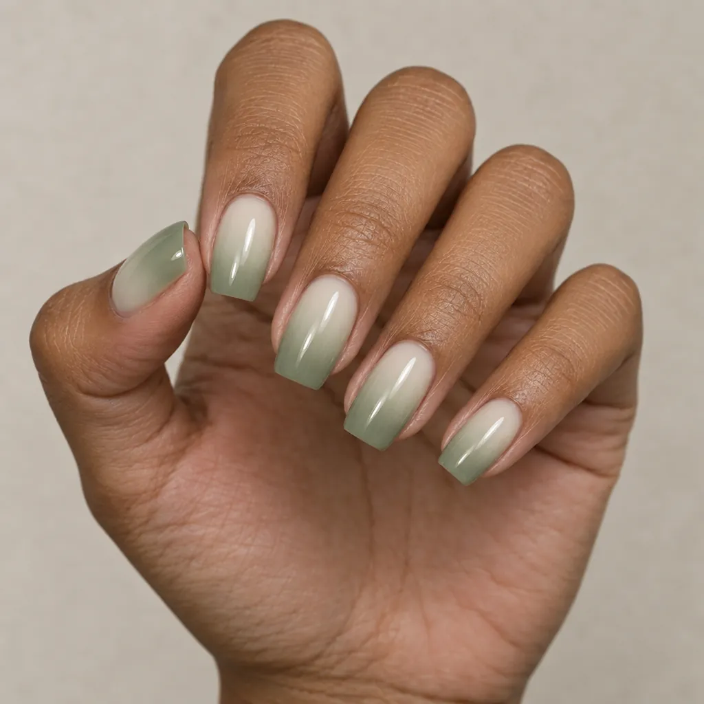 Medium coffin nails fading from cream at the cuticle to a muted sage green at the tip, on warm brown skin.