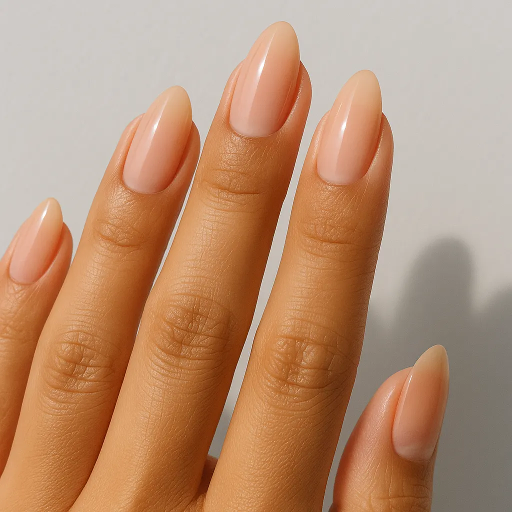 Medium almond nails in a bare nude warming to a soft peach at the tip, on warm tan skin against a light grey background.