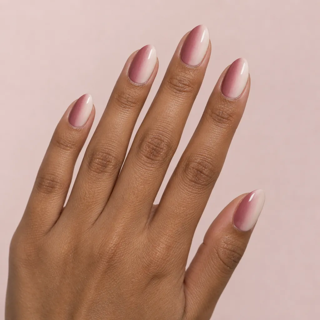 Medium almond nails with the blend running across each nail, dusty rose on one edge fading to cream on the other, on warm brown skin.