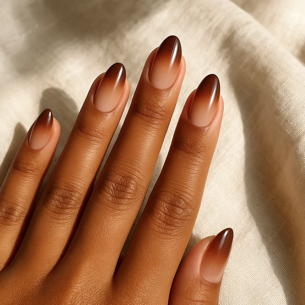 Medium almond nails fading from sheer nude to chocolate brown tips, on morena skin resting on cream linen.